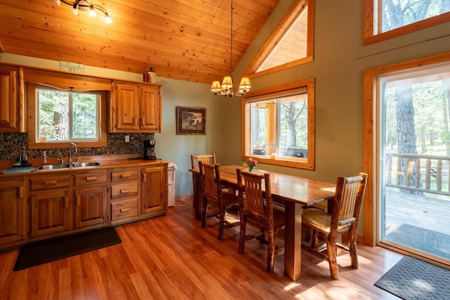 kitchen with pendant lighting, sink, a wealth of natural light, and light hardwood / wood-style flooring