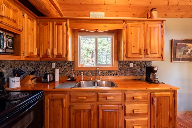 kitchen featuring electric range, sink, wooden ceiling, tasteful backsplash, and light wood-type flooring