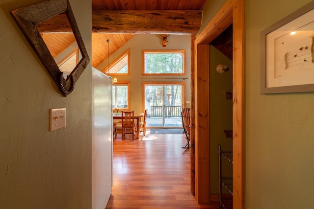 hallway featuring vaulted ceiling with beams, light hardwood / wood-style flooring, and wooden ceiling