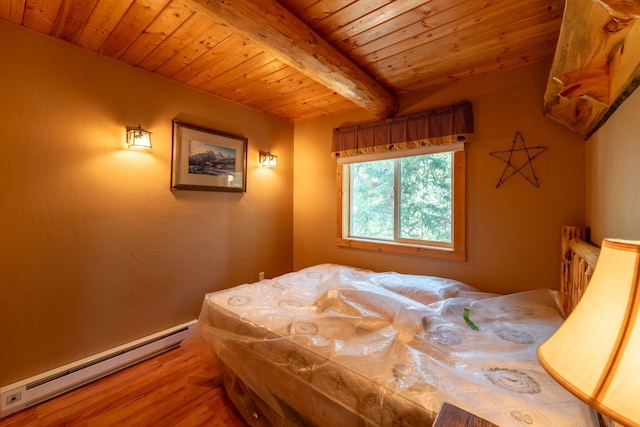 bedroom with wooden ceiling, beam ceiling, wood-type flooring, and a baseboard radiator