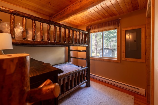 bedroom featuring beam ceiling, a baseboard radiator, wooden ceiling, hardwood / wood-style floors, and electric panel