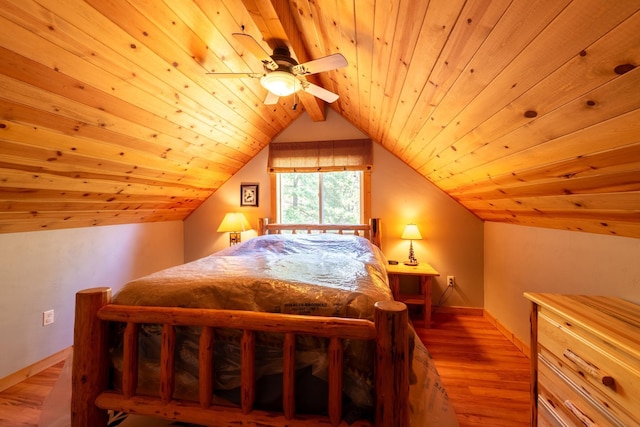 bedroom with light hardwood / wood-style flooring, vaulted ceiling, ceiling fan, and wooden ceiling