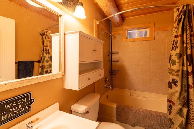 bathroom featuring toilet and shower / bathtub combination with curtain