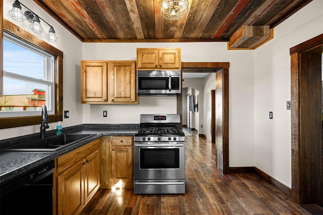 kitchen featuring sink, wooden ceiling, dark hardwood / wood-style floors, and appliances with stainless steel finishes