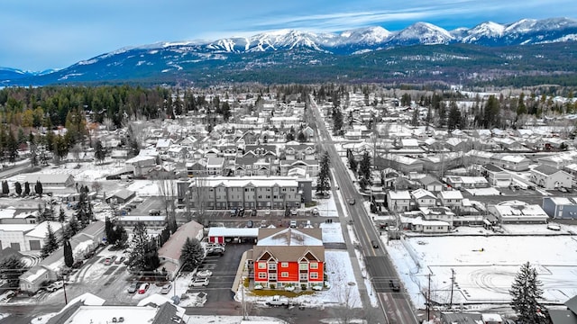 snowy aerial view with a mountain view