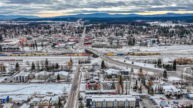 snowy aerial view with a mountain view