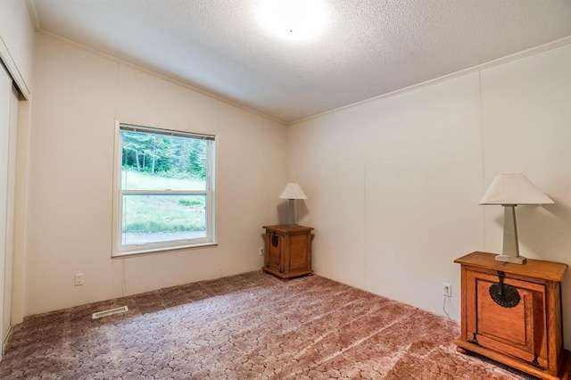 empty room featuring lofted ceiling, crown molding, carpet, and a textured ceiling