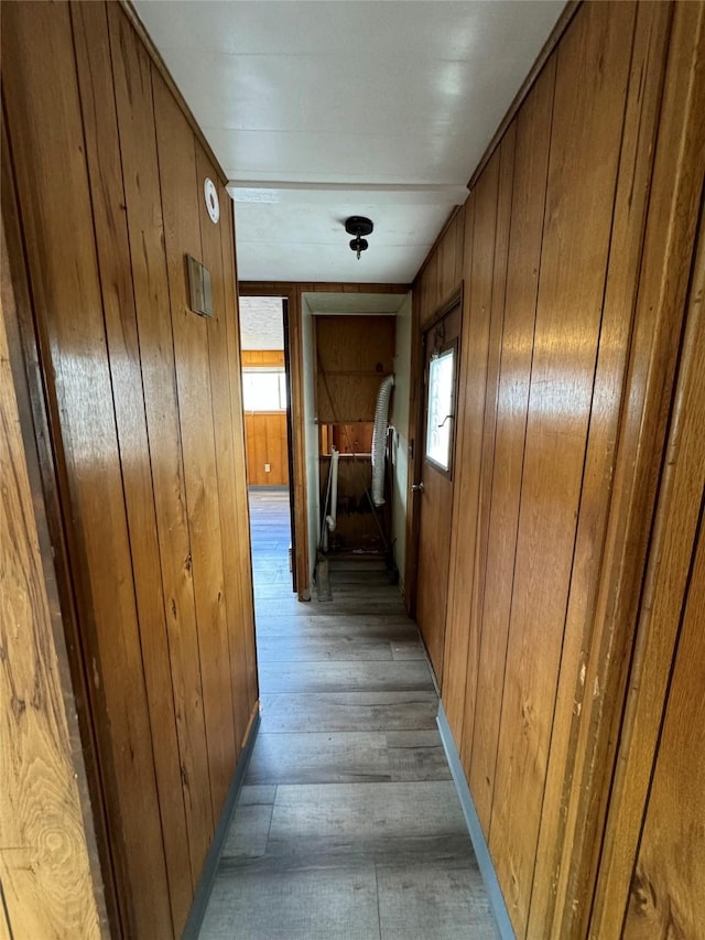 hall featuring hardwood / wood-style floors and wooden walls