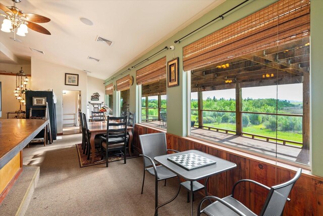 playroom featuring ceiling fan, vaulted ceiling, and billiards