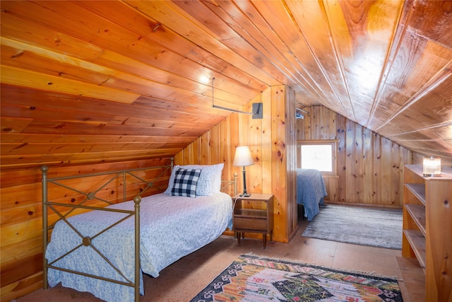 bedroom with wooden walls, wood ceiling, and vaulted ceiling