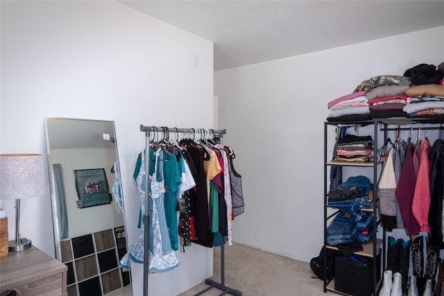 walk in closet featuring light carpet