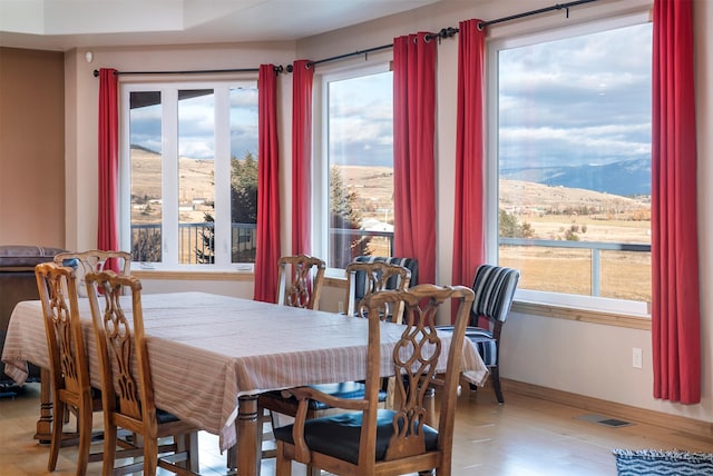 dining area featuring a mountain view and light hardwood / wood-style floors