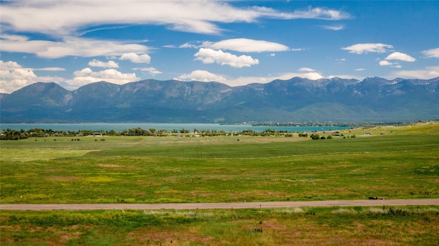 property view of mountains featuring a rural view and a water view