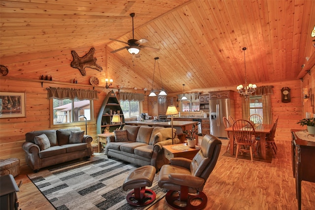 living room with ceiling fan with notable chandelier, wooden ceiling, light hardwood / wood-style flooring, and lofted ceiling