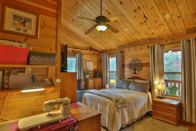 bedroom featuring ceiling fan, wooden ceiling, multiple windows, and wooden walls