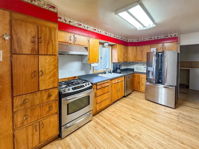 kitchen featuring stainless steel appliances, light hardwood / wood-style floors, and sink