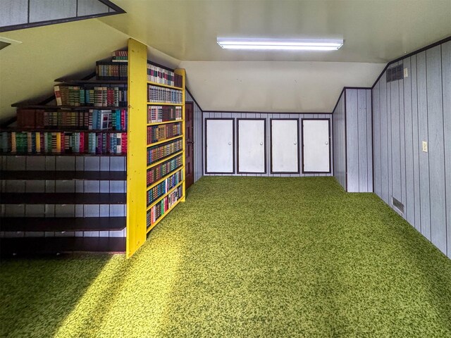 interior space featuring wooden walls and carpet floors