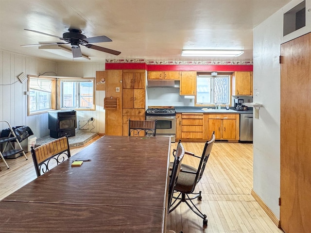 kitchen featuring a healthy amount of sunlight, sink, a wood stove, and stainless steel appliances