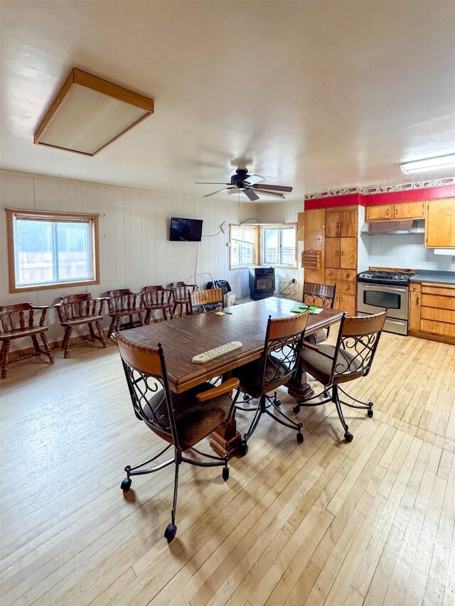 dining area with ceiling fan, a healthy amount of sunlight, and light hardwood / wood-style flooring