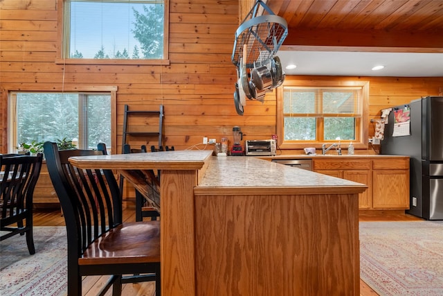 kitchen featuring plenty of natural light, wooden walls, beamed ceiling, and appliances with stainless steel finishes