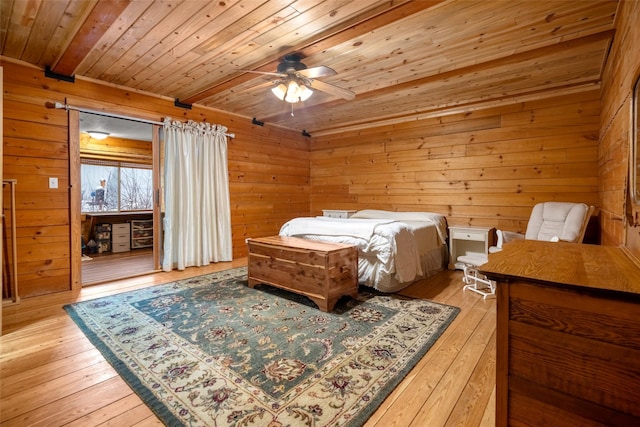 bedroom featuring ceiling fan, wooden walls, light hardwood / wood-style flooring, and wooden ceiling