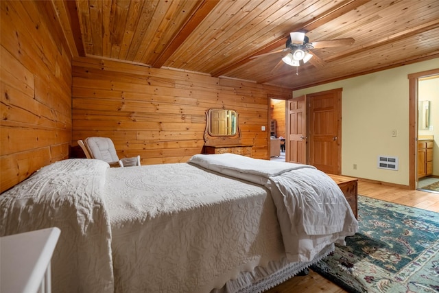 bedroom featuring wood ceiling, ceiling fan, wooden walls, heating unit, and wood-type flooring