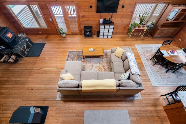 living room with hardwood / wood-style flooring and wooden walls