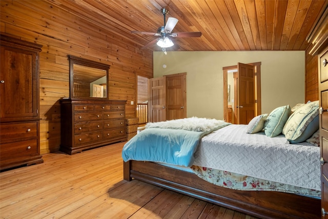 bedroom with lofted ceiling, light hardwood / wood-style flooring, wooden ceiling, wooden walls, and ceiling fan