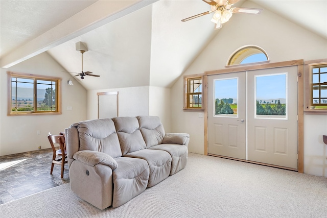 living room with carpet flooring and lofted ceiling