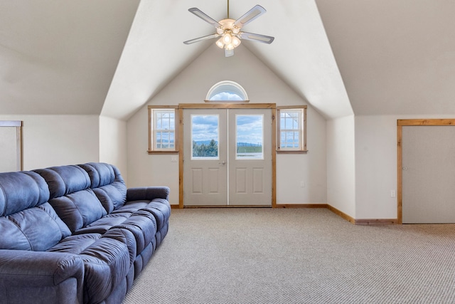 358 Hamilton Heights Rd, Corvallis, MT 59828 - living room featuring baseboards, ceiling fan, lofted ceiling, and light colored carpet