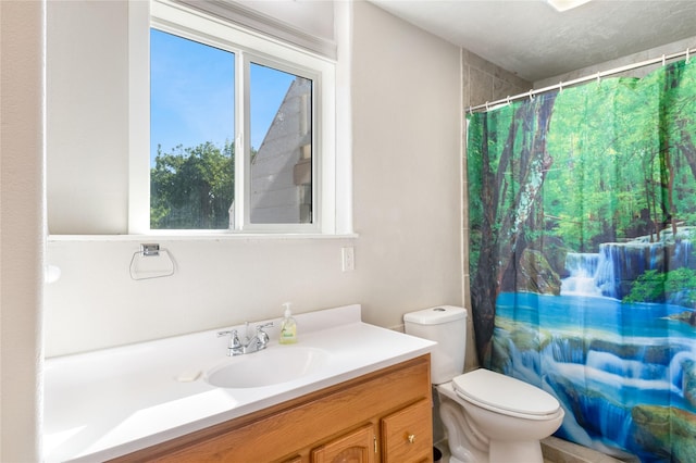 bathroom featuring vanity, toilet, and curtained shower