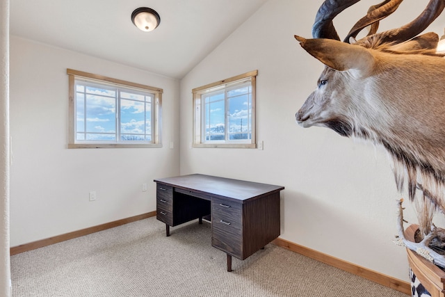 358 Hamilton Heights Rd, Corvallis, MT 59828 - office space with baseboards, lofted ceiling, and light carpet