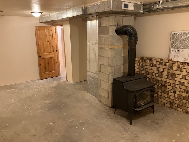 basement with a wood stove