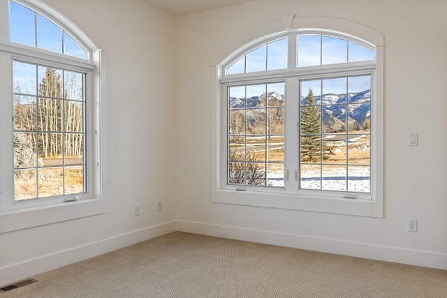 empty room with a mountain view and carpet floors