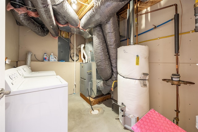 interior space with gas water heater, independent washer and dryer, and electric panel