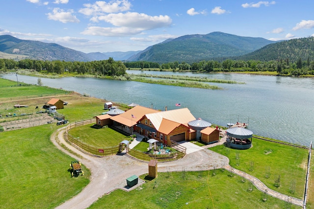 birds eye view of property featuring a water and mountain view