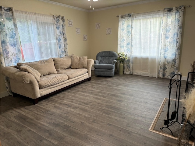 living room with hardwood / wood-style floors and crown molding