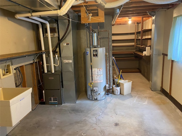 basement featuring heating unit and gas water heater