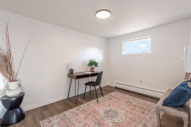 office area featuring dark hardwood / wood-style floors and baseboard heating