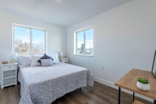 bedroom featuring multiple windows and dark hardwood / wood-style floors