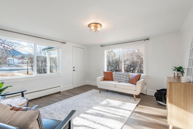 living room featuring baseboard heating, plenty of natural light, and hardwood / wood-style flooring