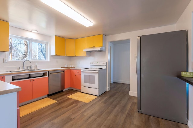 kitchen with dark hardwood / wood-style flooring, sink, and stainless steel appliances