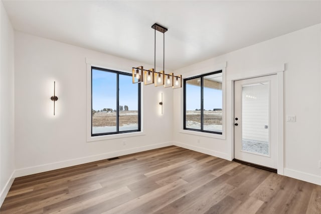 unfurnished dining area with baseboards and wood finished floors