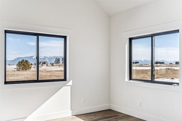 unfurnished room featuring a mountain view, baseboards, and wood finished floors