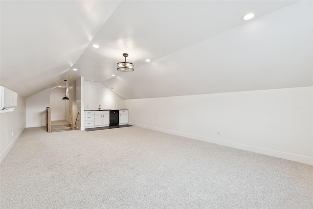 bonus room with lofted ceiling, recessed lighting, light carpet, and baseboards