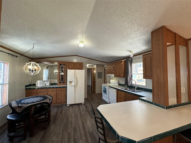 kitchen with vaulted ceiling, sink, kitchen peninsula, dark wood-type flooring, and white appliances