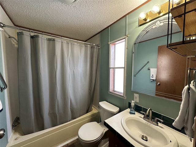 full bathroom with vanity, shower / bath combination with curtain, a textured ceiling, and toilet