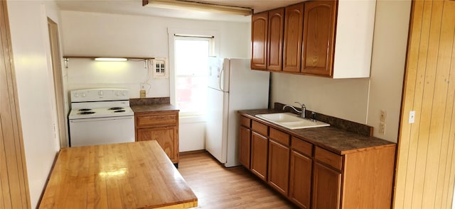 kitchen featuring a sink, white appliances, butcher block countertops, and brown cabinetry