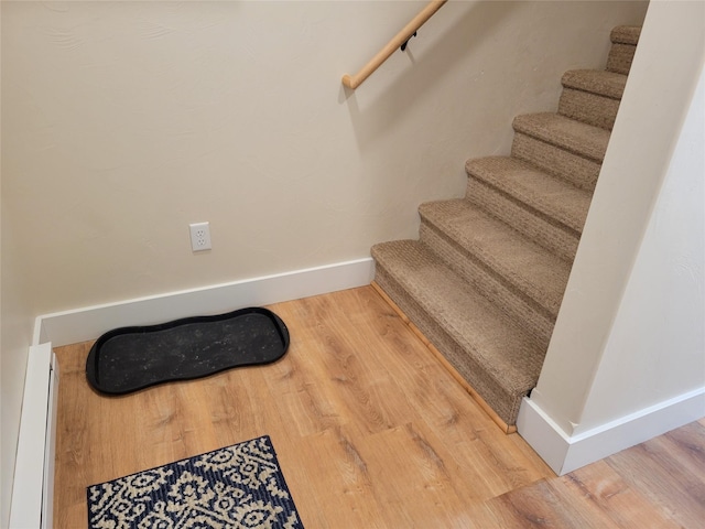 staircase featuring wood-type flooring