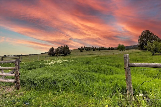 yard at dusk featuring a rural view